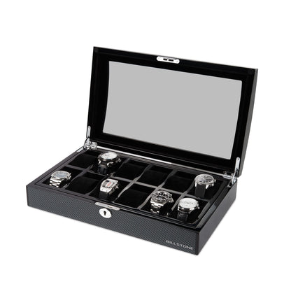 BILLSTONE Romanoff 12 Watch Box – 12 Slot Watch Organizer, Carbon Fiber Finish with Black Velvet Interior