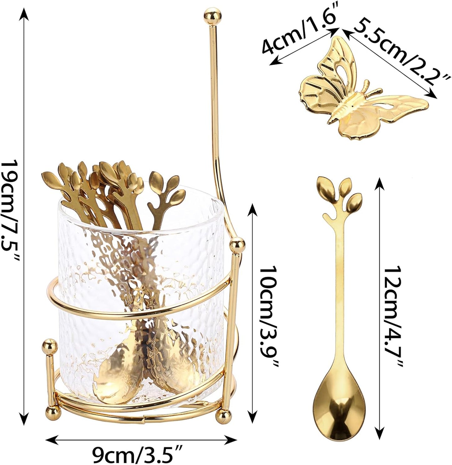 ELLDOO Coffee Spoon Set with 8 Gold Leaf Stainless Steel Spoons and Clear Glass Holder for Mixing