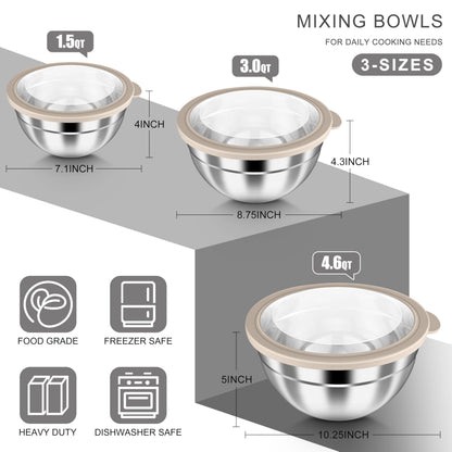 HaWare Mixing Bowls with Airtight Clear Lids, 6-Piece Stainless Steel Strong Nesting Bowls Set, Metal Salad Bowl for Cooking, Prepping, Baking, Serving & Food Storage, Size 4.6, 3, 1.5QT, Khaki