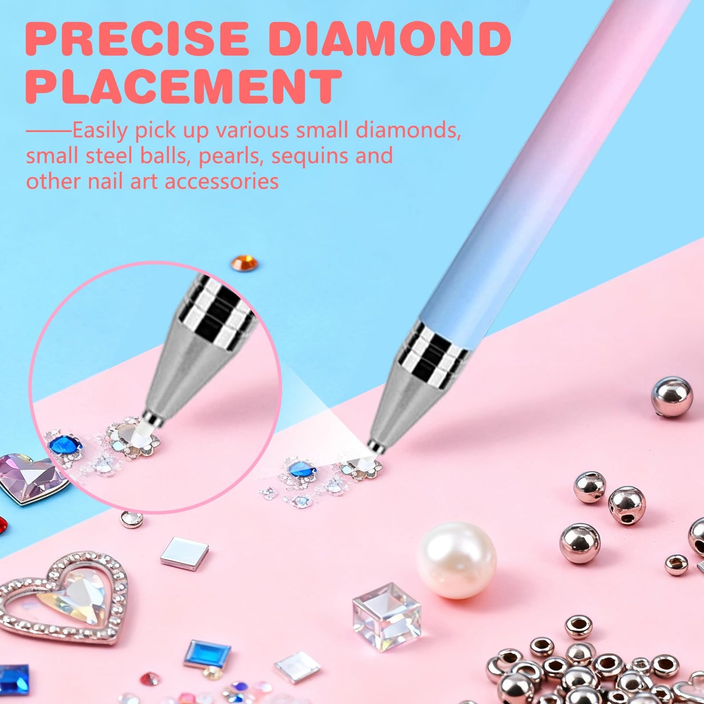 2 PCS Automatic Refillable Wax Pen for Diamond painting, Refillable Diamond Art Pen with 6 Refill Wax Pads, Wax Pen for Art Nail DIY Craft (Gradient Blue+Gradient Pink)
