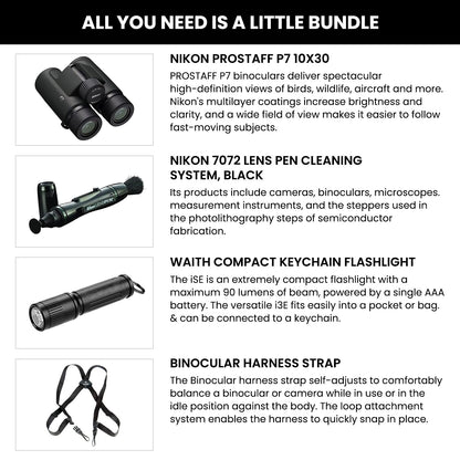 Nikon PROSTAFF P7 10x30 Waterproof Binocular for Adults | Small & Compact Travel Binoculars for Bird Watching | Binocular Harness Strap, Lens Pen Cleaning System, & Flashlight Bundle Set