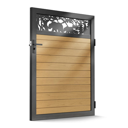 Brukid 4x5 FT Aluminum Fence Gate Kit Wood Grain Aluminum Gate with Decorative Cutout, Lock & Hinges, Left/Right Opening, Weather Resistant for Yard Garden Patio