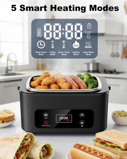 Moexili Electric Lunch Box, 2026 Upgraded 1.2L Cordless Heated Lunch Box,24000mAh Battery Powered Food Warmer with Timer, 5-Sided Heating, Leakproof, for Office, Outdoors & Truck