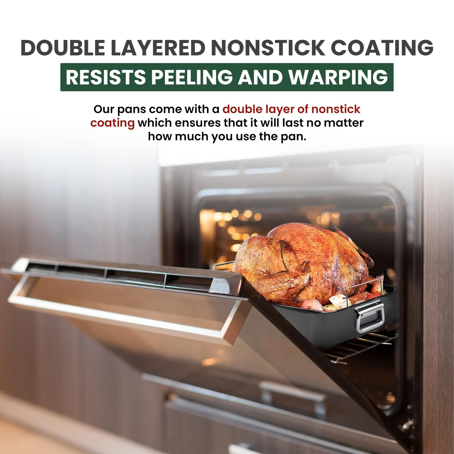 Large Roasting Pan With Rack 12” X 16” - Non Stick Large Roaster Pan and Flat Rack With Foldable Handles - Roasting Pans for Ovens to Elevate Food for Even Heating - Dishwasher Safe Turkey Roast Pot