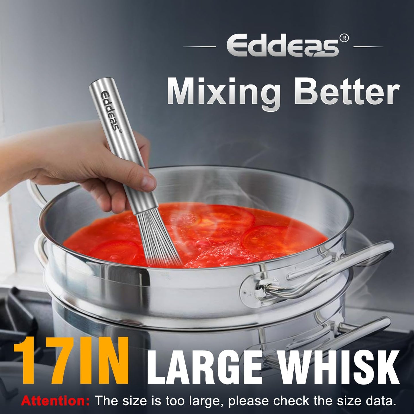 Eddeas 17in Large Whisk,Heavy Duty whisk, Stainless Steel whisk Suitable for Mixing Thick batter, Dry Ingredients and Seasonings.Accessories for professional commercial kitchens.