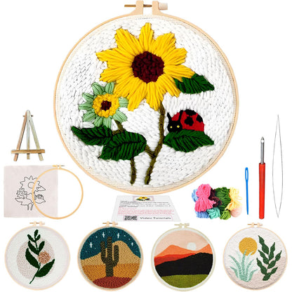 PYHIRRY Punch Needle Kits Adults Beginner Sunflower-with Tool, Hoop, Yarn, Fabric & Video Tutorials -Complete Punch Needle kit for Home Decor Craft for Wall Art & Gifts