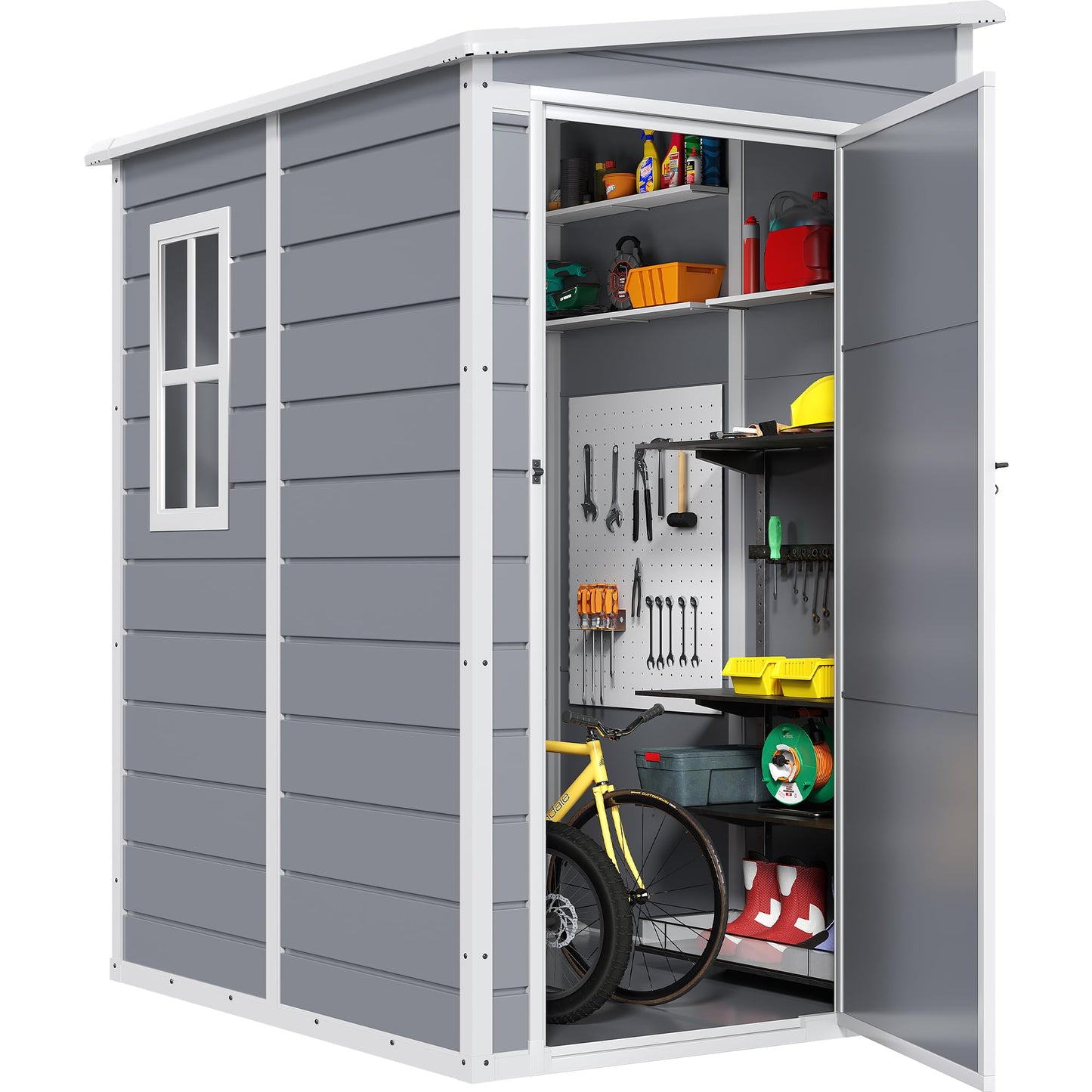 DWVO 5x4ft Resin Outdoor Storage Shed with Floor, Large Waterproof Lockable Storage Shed with Window, Plastic Outside Tool Storage for Garden Backyard Patio Lawn (Gray)
