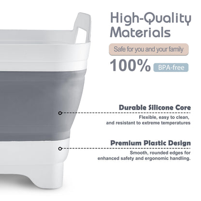 2.4 Gal(9L) Collapsible Dish Basin with Drain Plug, Space Saving Outdoor Multiuse Foldable Sink Tub, Dishpan, Kitchen Storage Tray for Camping, Vegetable Washing, RV (Gray)
