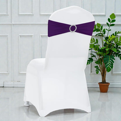 MDS Spandex Chair Sashes - Pack of 125 Elastic Stretch Bows with Buckle Slider for Wedding Decor - Purple