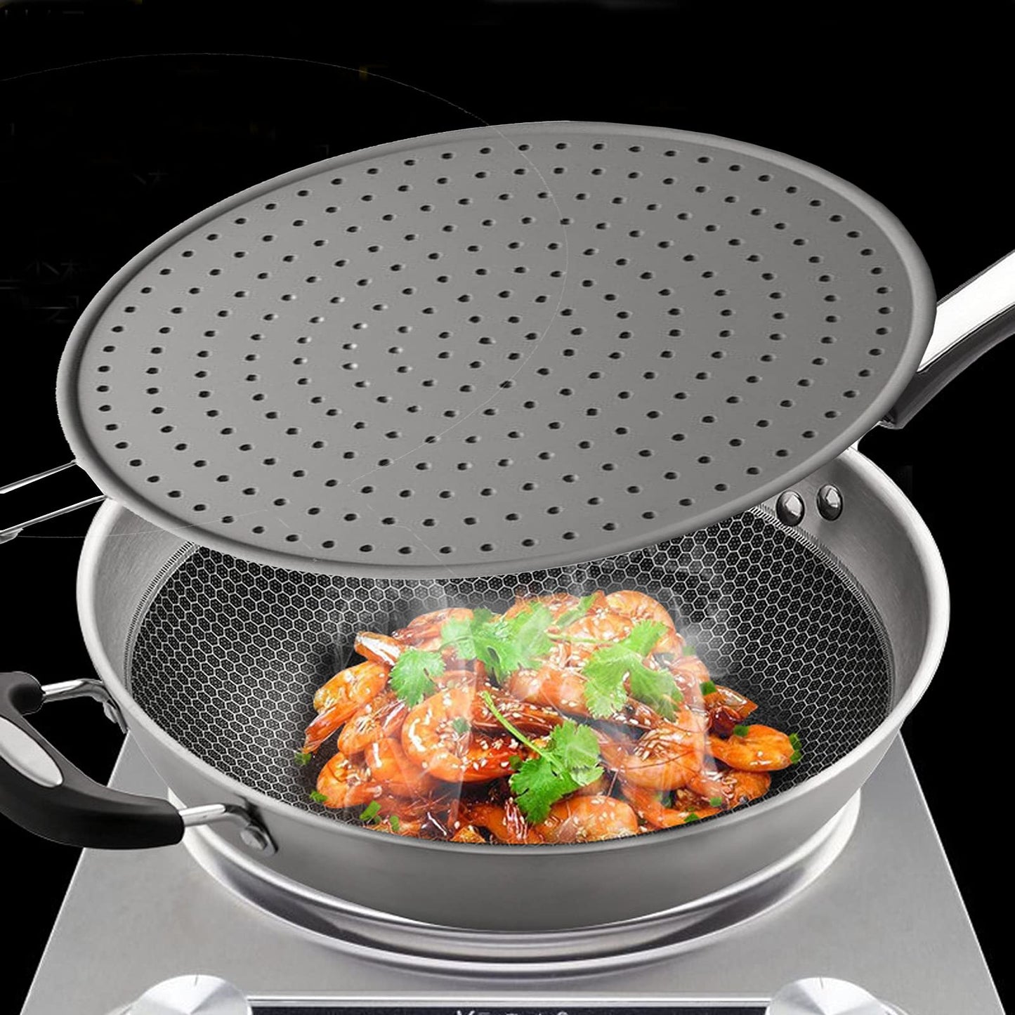 Silicone Splatter Screen Pan Cover 11", Heat Insulation Cooling Mat, Strainer, Drain Board, Oil Splash Guard for Frying Pan, Non-Stick, Heat Resistant Universal Pan Cover