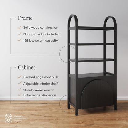Nathan James Iris 3 Tier Bookshelf, Arched Bookcase Cabinet, Solid Wood Bookcase with Cabinet Base, Boho Bookshelf in Midnight Charcoal Finish, Set of 2