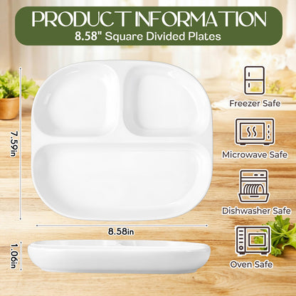 Lounsweer 4 Pack 8.58" Portion Control Plates White Rectangle Ceramic Porcelain Divided Plates Set for Rational Eating Healthy Diet Dinner 3 Compartment for Adults Microwave Dishwasher Safe