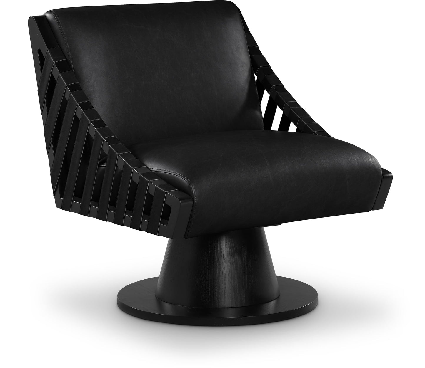 Meridian Furniture 33002Black Millwin Collection Art Deco Swivel Accent Chair with Rich Black Vegan Leather, Black Finish, Solid Wood Frame and Base, 28" W x 30" D x 32.5" H, Black