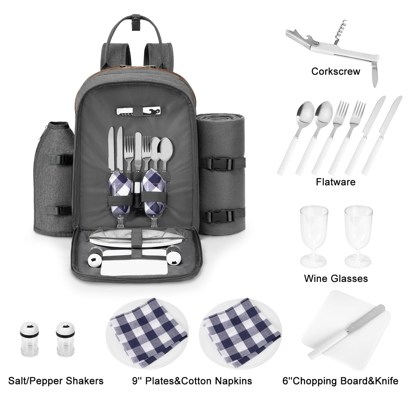 ALLCAMP Picnic Backpack - Insulated Cooler Bag with Compartment, Detachable Wine Glass Holder, Throw Blanket & Cutlery Set, 2 Person Picnic Set for Family Outings, Couple Gifts (Gray)