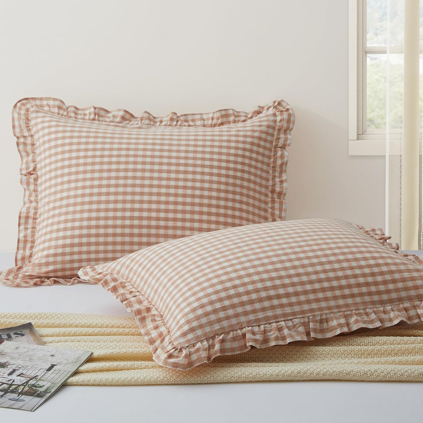 2 20x30 Inch, KKJIAF Pcs Plaid Ruffle Pillow Case Queen Size, Cotton Gingham Ruffled Euro Sham Pillow Covers Linen Feel