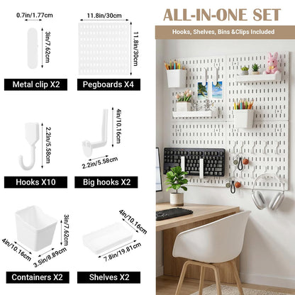 4 Pack White Peg Boards with Hooks & Shelves,22pcs Kits Pegboard Wall Organizer Set–Pegboard Wall Display Rack for Office, Kitchen, Gaming Room Desk Pegboards Storage