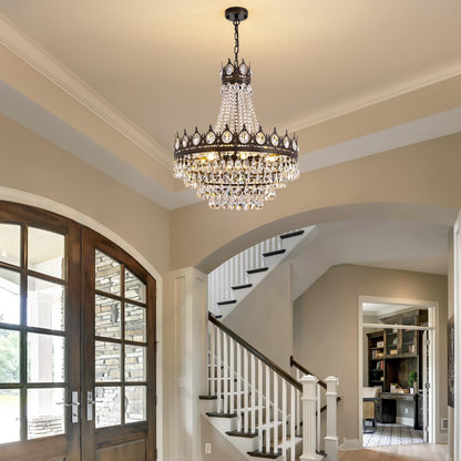 7PM French Empire Crystal Chandeliers, Vintage Crystal Chandelier, Antique Bronze Chandelier, Rustic Farmhouse Ceiling Light Fixture for Dining Room Bedroom Living Room Kitchen Foyer, W 24"