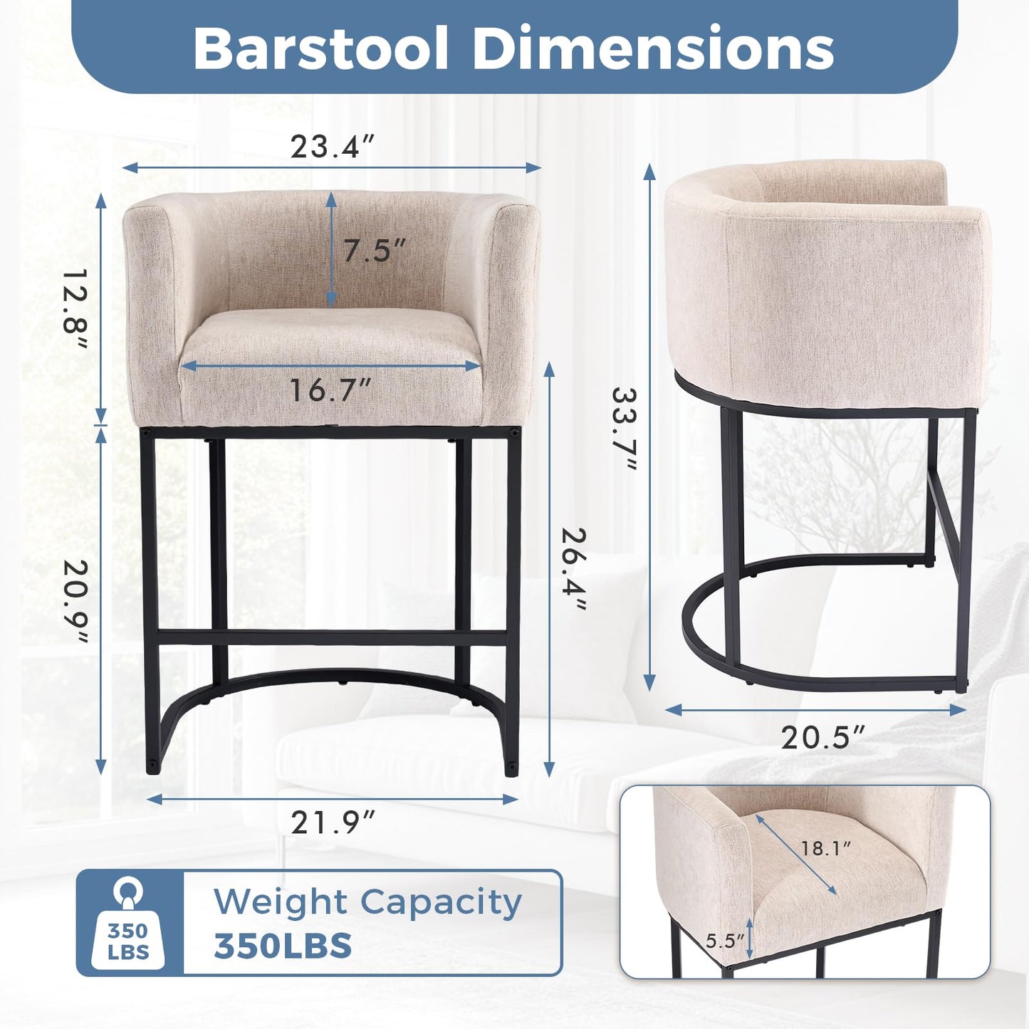 DUMOS Barrel Bar Stools Set of 4, Modern Counter Height Barstools with Linen Fabric Upholstered Seat, 350lbs Capacity Kitchen Island Chair, Bar Stools with Metal Sled Base and Footrest, Oatmeal