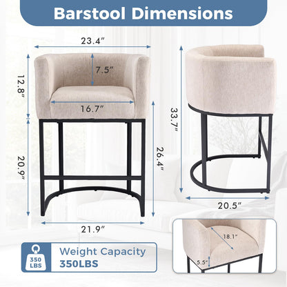 DUMOS Barrel Bar Stools Set of 4, Modern Counter Height Barstools with Linen Fabric Upholstered Seat, 350lbs Capacity Kitchen Island Chair, Bar Stools with Metal Sled Base and Footrest, Oatmeal