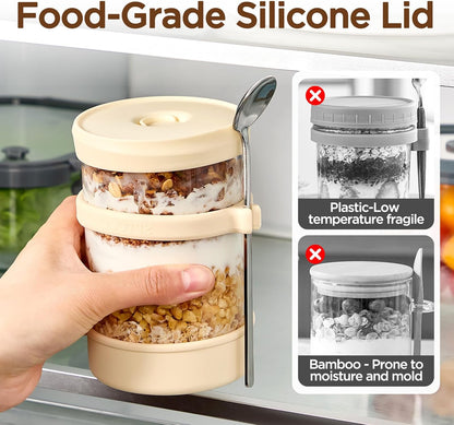 16 oz [2 Pack], Glass Overnight Oats Containers with Lids of Silicone and Spoon Airtight Overnight Oats Jars