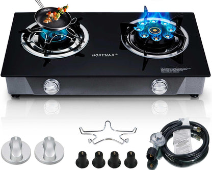 Horynar Propane Stove 2 Burner Gas Stove Novel 9 Copper Propane Burners Auto Ignition Tempered Glass with LPG CSA Hose for Outdoor Cooking,Emergency
