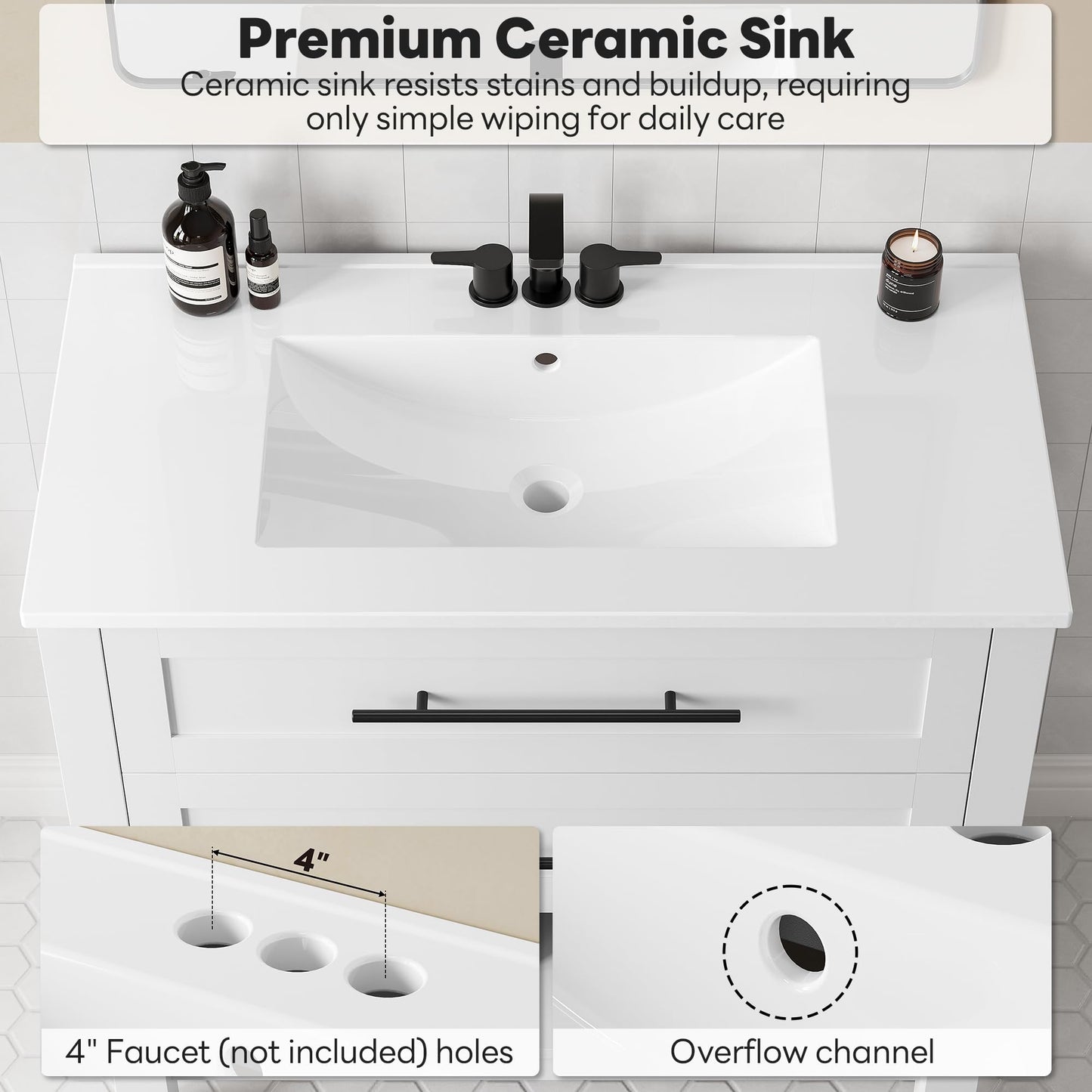 LIKIMIO 36" Bathroom Vanity with Sink, Freestanding Bathroom Vanity with 2 U-Shaped Drawers & Open Shelf, Integrated Ceramic Sink, Modern Bathroom Storage Cabinet, Easy Assembly, White