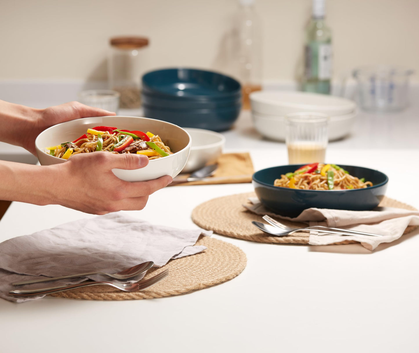 KooK Pasta Bowl, Salad Bowls, Bowls, Serving Bowls, Soup, Ceramic, Large Capacity, Microwave & Dishwasher Safe, Set of 4, 40 Oz, (White)