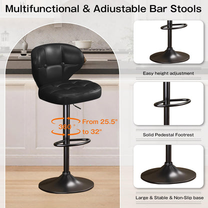 Walktory Bar Stools Set of 6, Adjustable Swivel Bar Stools with Back, Counter Height Bar Chairs with Footrest, PU Leather Padded Seat, Metal Base, Kitchen Island Dining Room Black