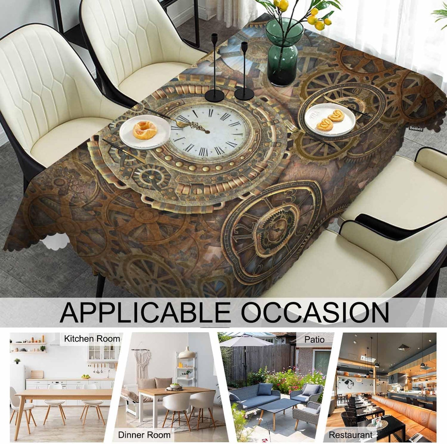 Beabes Clock Gears Tablecloth, Rusty Steampunk Design for Rectangle Tables, 52"X70" Indoor Outdoor Cover
