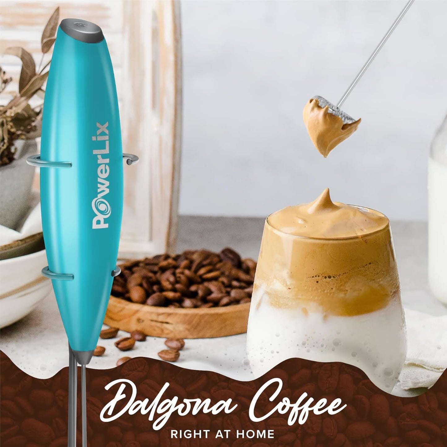 PowerLix Handheld Milk Frother, Battery Operated Electric Whisk Beater for Coffee, Latte, Cappuccino, Includes