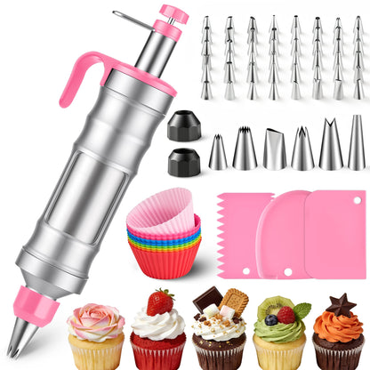 Dessert Decorating Syringe Set - Cupcake Icing Piping Kit, Cupcake Frosting Filling Injector with 54 Piping Icing Nozzles, 9 Silicone Cupcakes, 3 Cream Scrapers -for Cake,Cupcakes,Cookie (69Pcs-Pink)