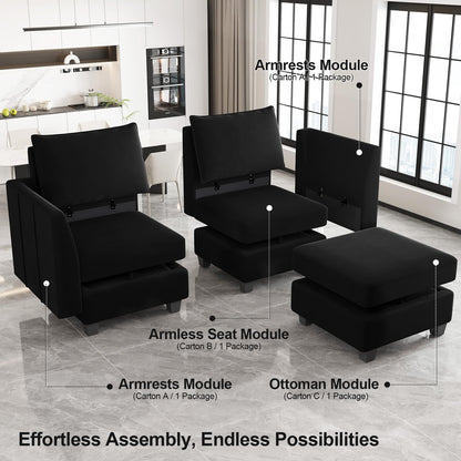 Belffin Large Modular Sectional Sofa Sleeper Couch with Storage Velvet Sectional Sofa Bed for Living Room, 9 Seats, Black