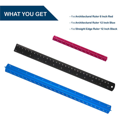 FUTGLOBAL Set of 3 Aluminum Engineering Scale Metal Ruler Set, Architectural Scale Rulers 12 Inch and 6 Inch Triangle Ruler and 12 Inch Straight Edge Ruler Drafting Tools for Architects, Draftsman