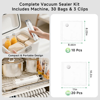 Mehomeli Compact Vacuum Sealer for Food (Vacuum Sealer Machine + 30 Reusable Vacuum Bags), Powerful Handheld Vacuum Sealer Machine, Seal Food 6X Fresh Longer, Portable & Wireless, Easy-Clean