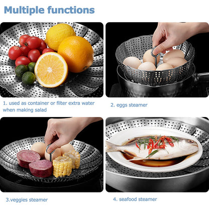 Yubng 304 Stainless Steel Vegetable Steamer Basket, Expandable Insert for Cooking, Fits 6.4 to 10.2 Inch Pots, Includes 7.3 Inch Kitchen Tongs
