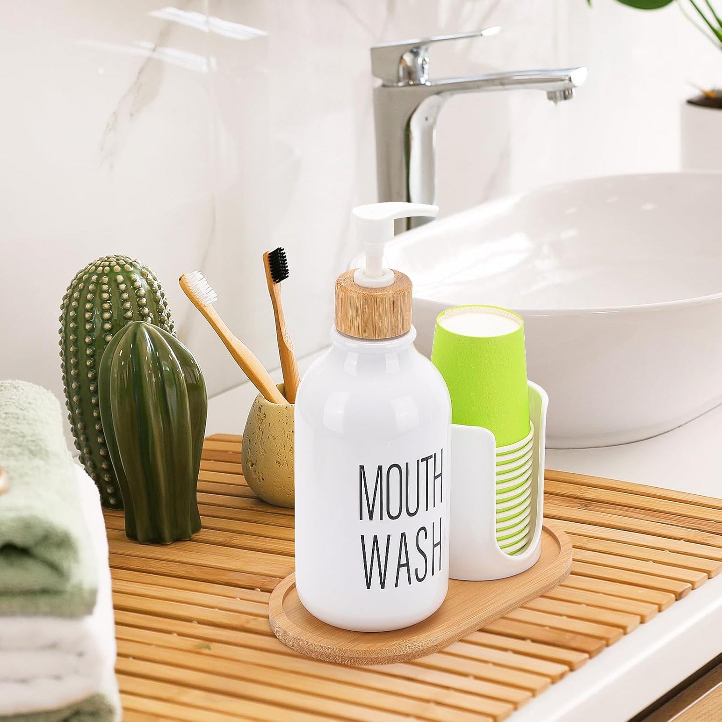 17oz Mouthwash Dispenser with Cup Holder, Plastic White Mouth Wash Pump Bottle with Tray for Bathroom Organizers