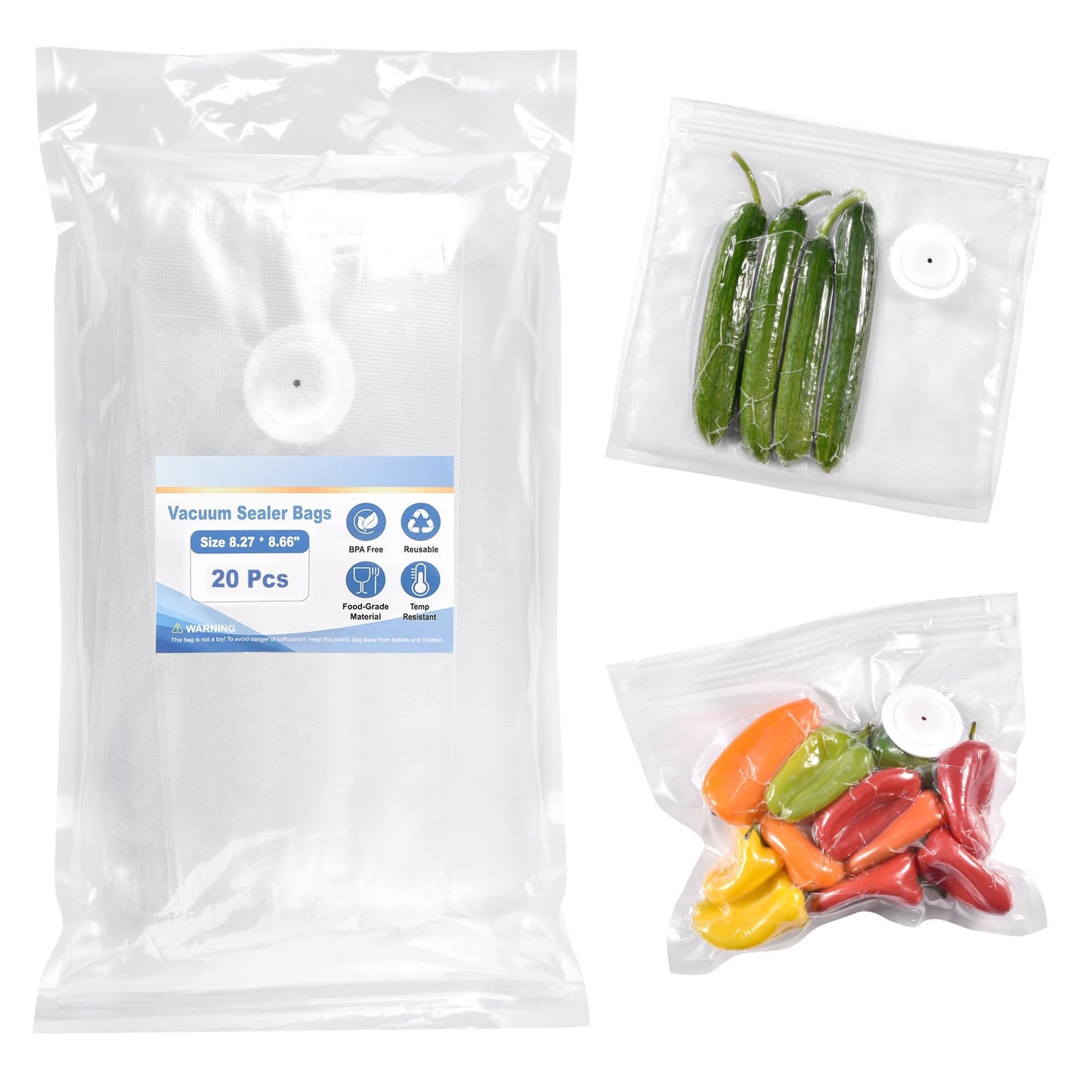 Reusable Vacuum Sealer Bags for Food, 20 BPA-Free Medium (8 x 8in) Food Storage Bags, Freezer, Odor-Resistant, Leak-Proof, Compatible with Vacuum Sealers