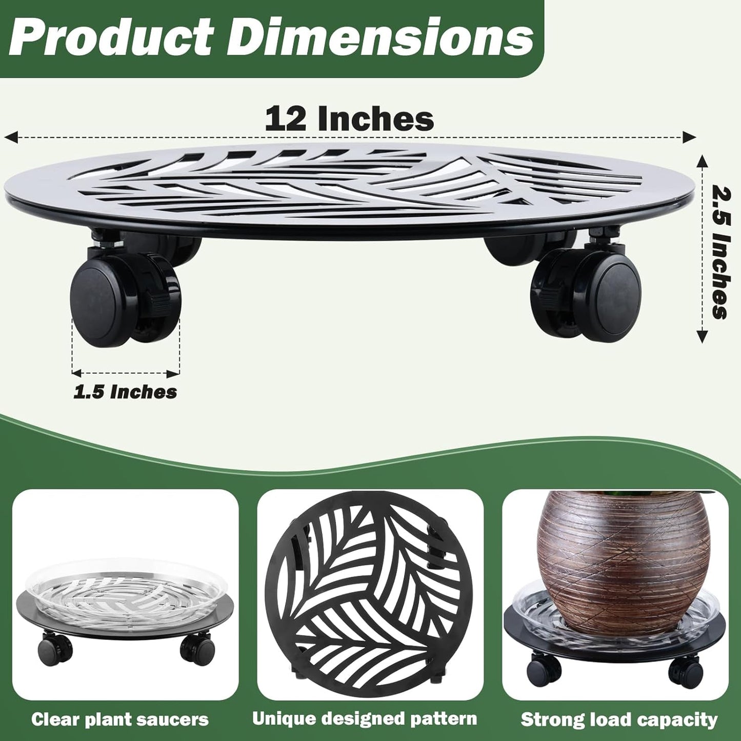 2 Packs 12" Large Metal Plant Caddy with PU Wheels Heavy-Duty Wrought Iron Rolling Plant Stands Indoor Outdoor Wheeled