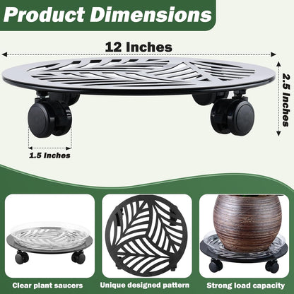 2 Packs 12" Large Metal Plant Caddy with PU Wheels Heavy-Duty Wrought Iron Rolling Plant Stands Indoor Outdoor Wheeled