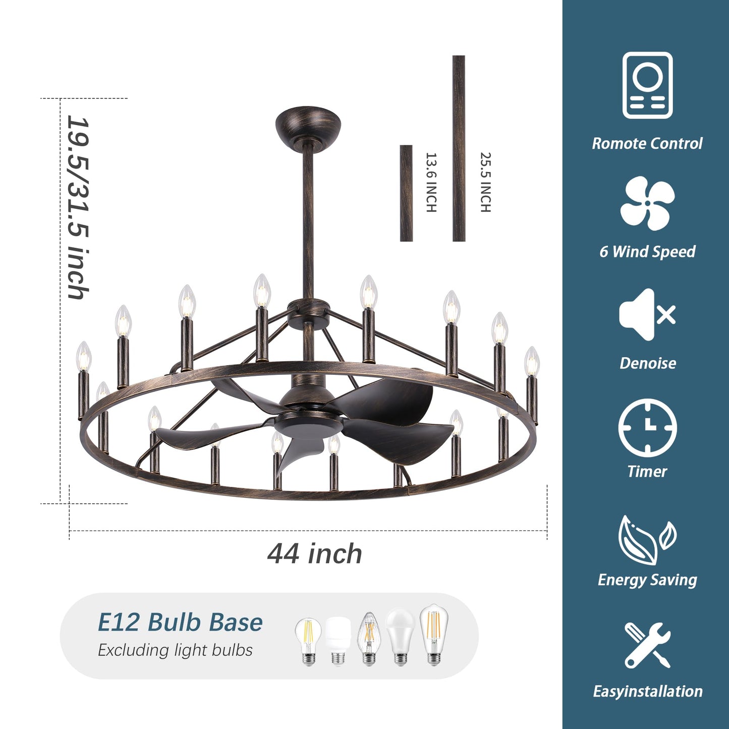 COCOSTAR 44" Antique Bronze Wagon Wheel Chandelier Farmhouse Ceiling Fan with Light and Remote,16-Lights Large Fandelier with Candle,Rustic Big Light Fixture for Living Room Kichen Dining Room