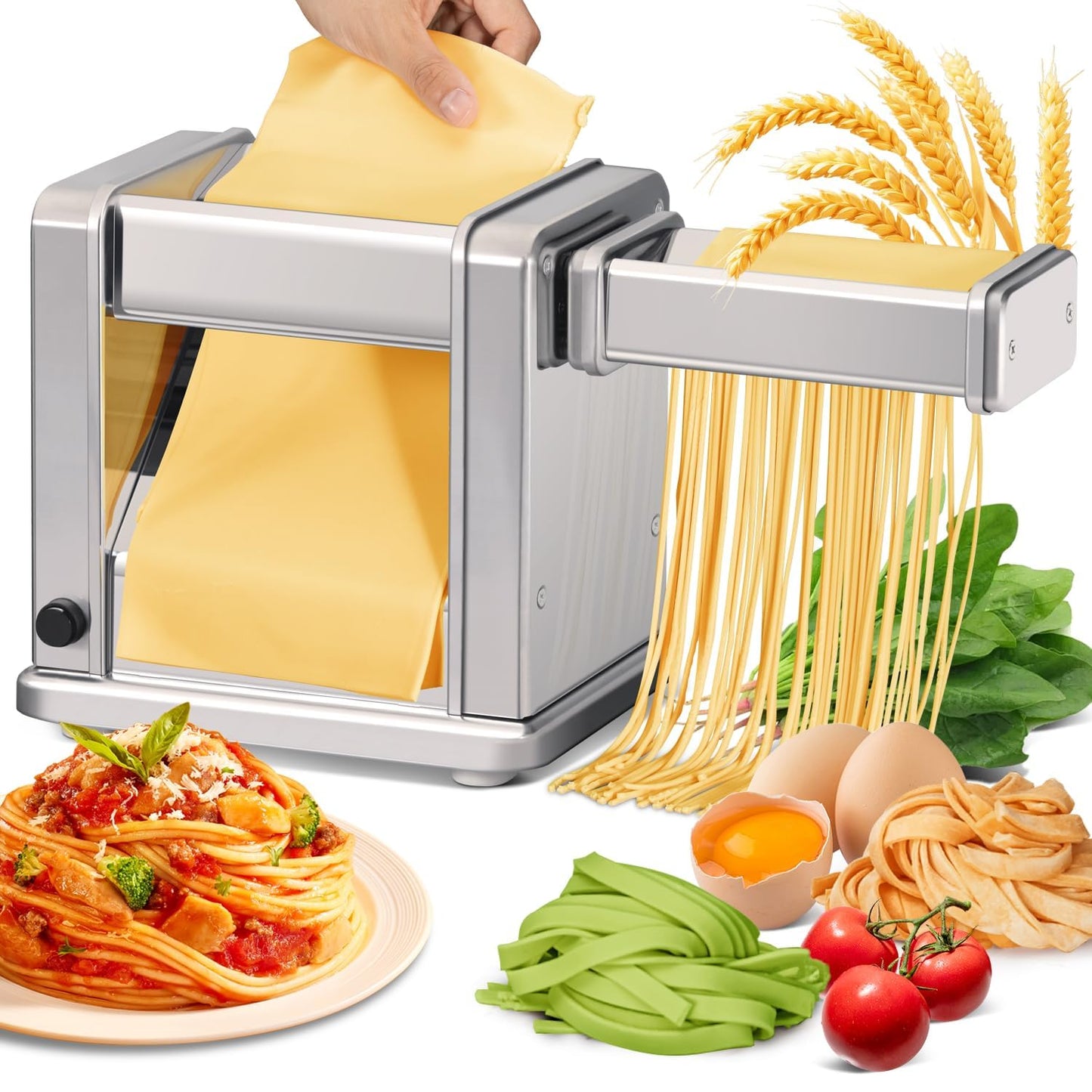 Maxceysen Domestic Electric Pasta Maker Automatic Stainless Steel Noodle Machine with Adjustable Dough Roller/Cutter for Home Handmade Spaghetti, Fettuccini, Lasagna, Pie Crust, Dumpling, Wonton