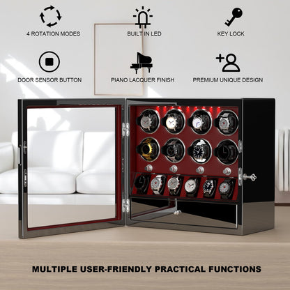 DUKWIN Watch Winder, Lockable Watch Winders for 8 Automatic Watches with Extra 6 Watch Storage, Jewelry Storage, 4 Rotation Modes, LED Light, Super Quiet Mabuchi Motor and Spring Watch Pillows, Red