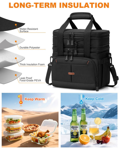 Pritent Lunch Box For Men Women Double Deck Insulated Lunch Bag For Men Woman Leakproof Expandable Cooler Bag with Adjustable Shoulder Strap for Work Picnic School(Black,Medium)