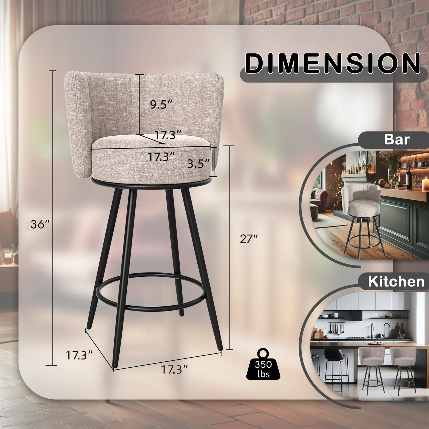 HONIFUR Bar Stools Set of 4, 27" Tufted Modern Counter Height Bar Stools, Upholstered Barstools with Back & Footrest Metal Legs, Stools for Kitchen Island, Counter, Cafes, Dining Room (Beige)