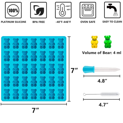 HKUCFTT Large Gummy Bear Molds 4 ml - Food-Grade Non-Stick Silicone Candy Chocolate Molds Fruit Snacks Molds BPA-Free with 2 Droppers & 1 Cleaning Brush, Set of 4
