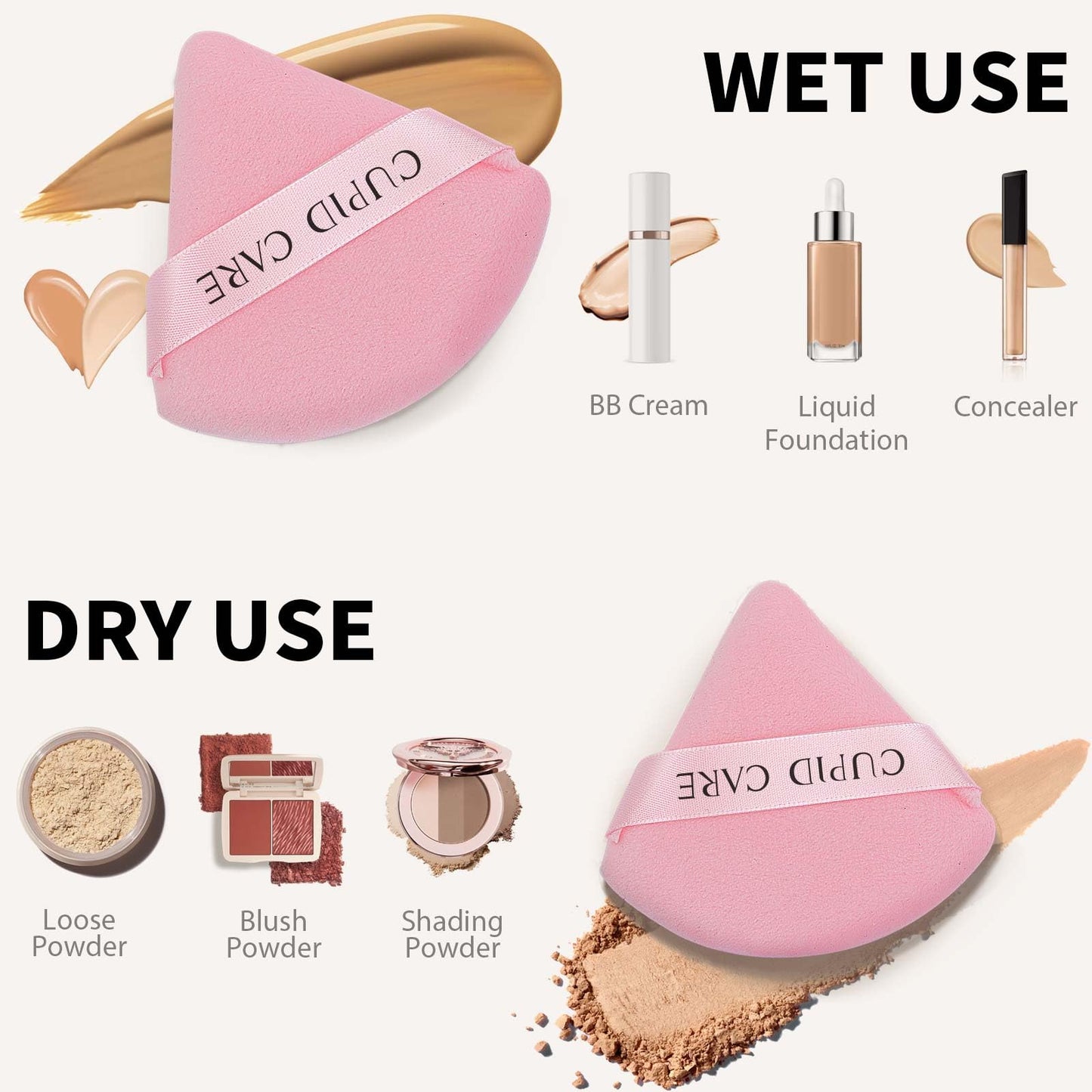 6 Pcs Triangle Powder Puff with 2 Travel Cases, Setting Powder Puffs for Face, Velour Makeup Puff for Loose Powder Body Powder, Blender Sponge Foundation Blending Sponges Beauty Tools