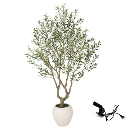 Bellacat 7ft Faux Olive Tree with Warm White Spotlight & 15''D x 13.5''H Large White Planter, 84in Fake Olive Tree with Lifelike Leaves& Fruits, Artificial Olive Tree Indoor for Home & Office Decor
