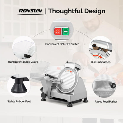 ROVSUN 10 inch Commercial Meat Slicer, 240W Electric Meat Slicer Machine, Frozen Meat Deli Cheese Food Slicer with Adjustable Thickness(0-12mm), Upgraded Carbon Steel Blade for Home and Commercial