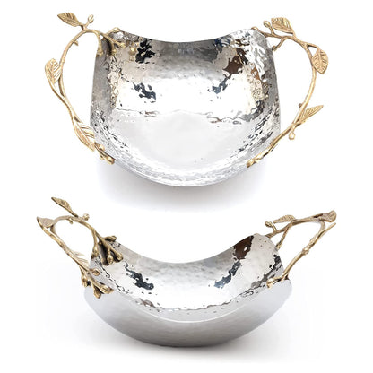 GUTE Decorative Silver Hammered Bowl, Single Piece, 13.78 x 9.45 x 5.51 Inch Stainless Steel Brass Gold Leaf Handle Basket Fruit Holder Organizer Centerpiece Display, Dining Living Room Decor Gift