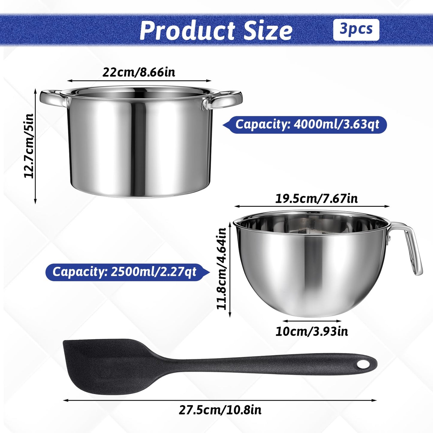 Double Boiler Pot Set, Include 2500ml/2.3QT Mixing Bowl and 4000ml/3.63qt Stainless Steel Pot, Silicone Spatula, For Candy, Soap Wax Candle Making Supplies, Induction Safe